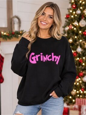 Time and Tru Black Sweater with Pink "Grinchy" Graphic
